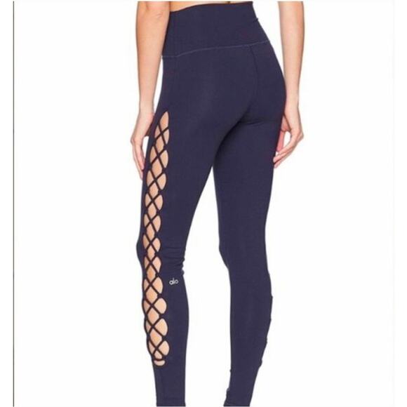 Alo Yoga Womens High Waisted Interlace Criss Cross Cutout Leggings Blue Size L - Picture 2 of 8
